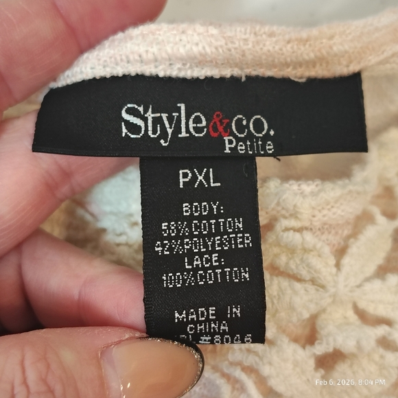 Style & Co Womens Petite XL Lace Knit Top Short Sleeve Pink Striped Boxy Comfy - Picture 2 of 5